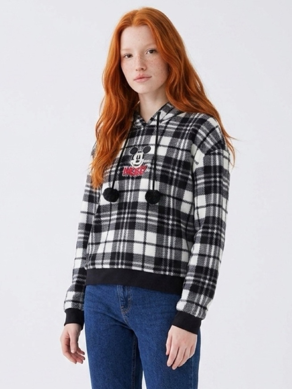 Disney Black and White Plaid Mickey Hoodie Sweatshirt